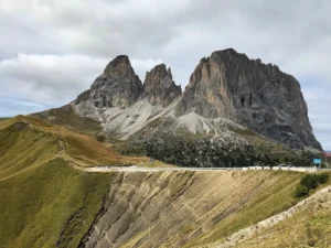 Views of the iconic Sella Ronda mountain peaks during a guided cycling tour from Ride Up in the Dolomites.
