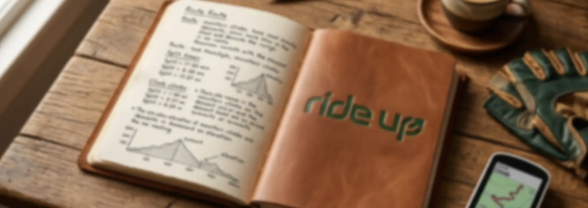 Leren Ride Up notitieboek met routeprofielen naast wielerhandschoenen en koffie op een houten tafel.