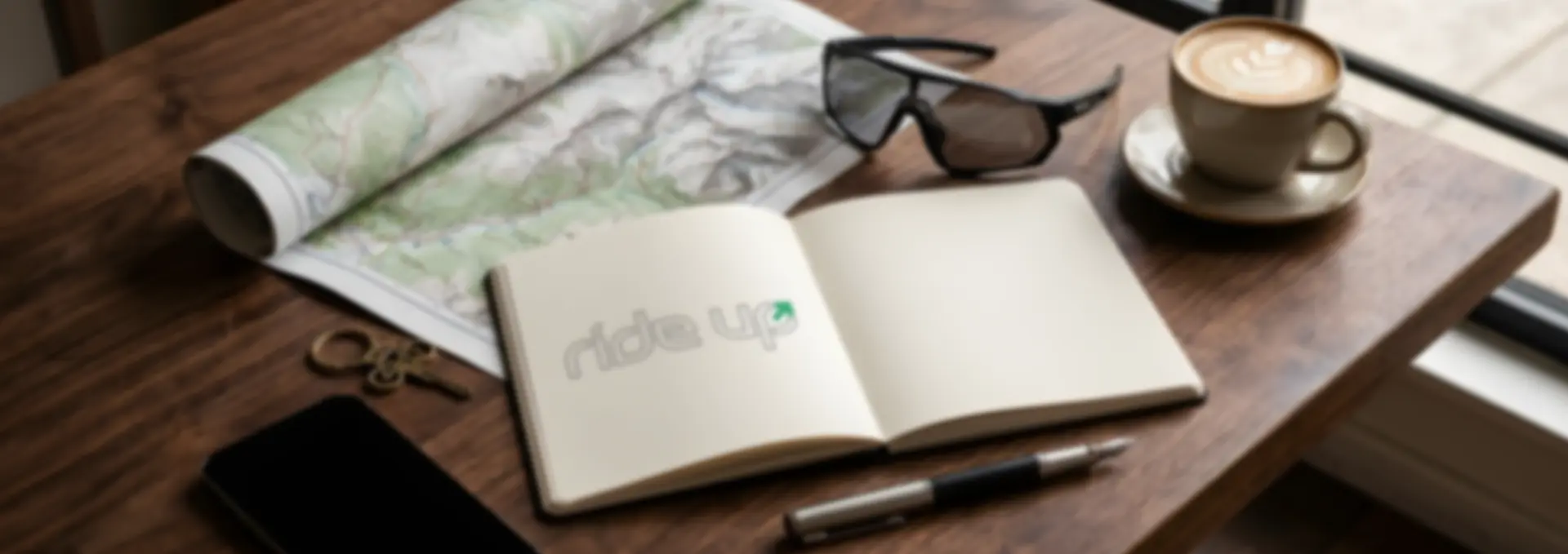 Open notitieboek met Ride Up-logo, kaart, koffie en zonnebril op tafel