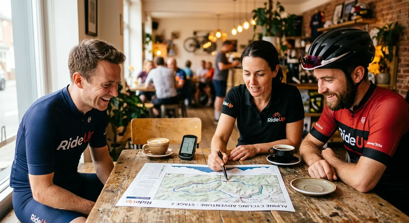 Ride Up begeleider bespreekt een maatwerk fietsroute met wielrenners aan tafel