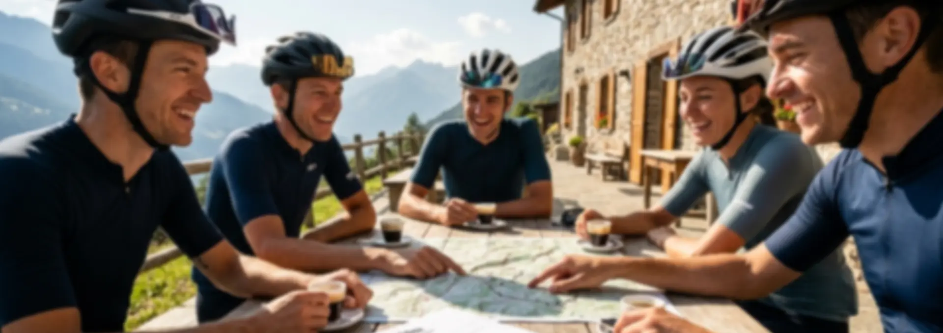 Groep wielrenners met helmen bespreekt een fietsroute op een terras in de bergen