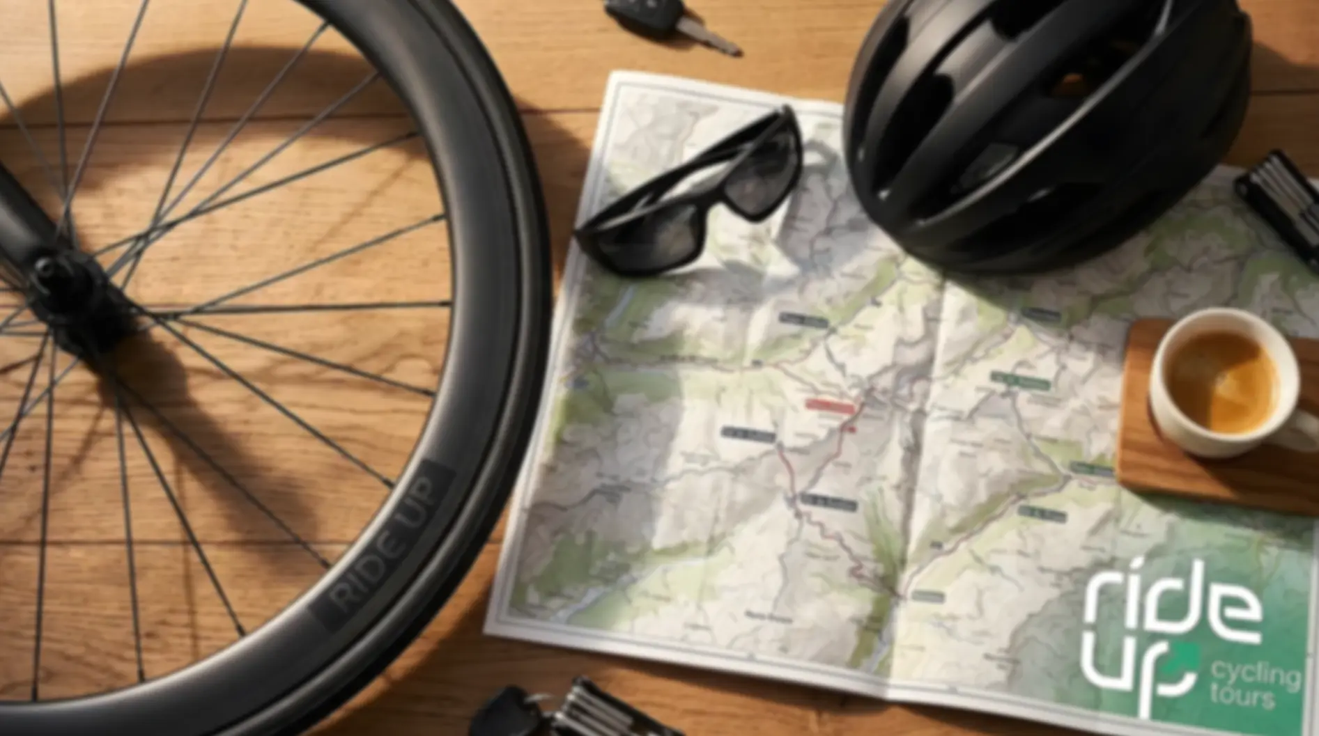 Fietswiel, helm, zonnebril, koffie en routekaart voor het plannen van een fietsreis