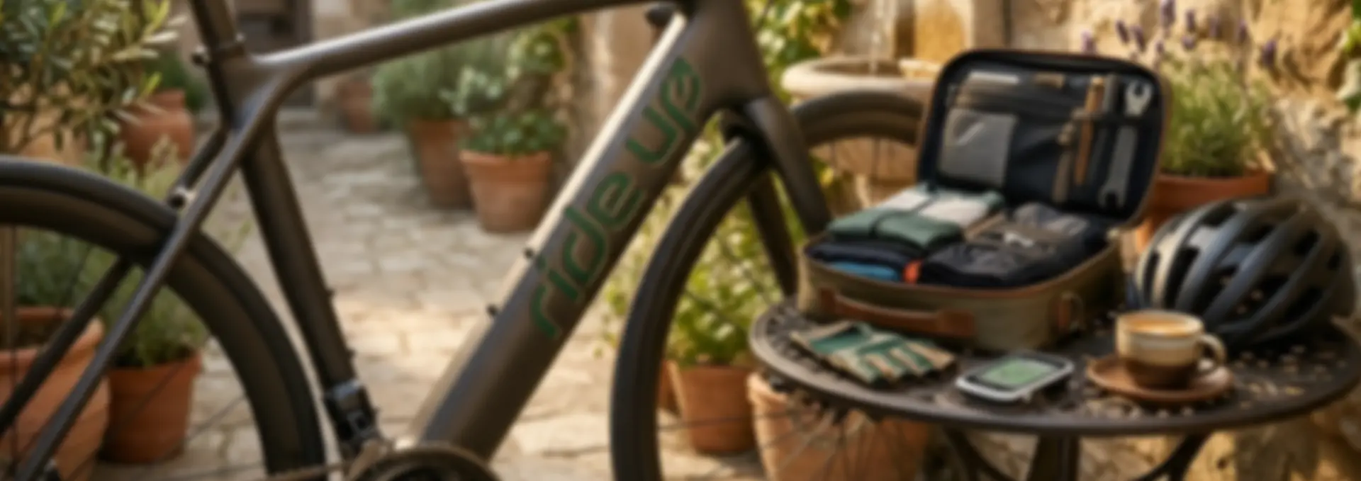 Racefiets naast tafel met fietshelm, koffie en reisuitrusting voor een fietsvakantie